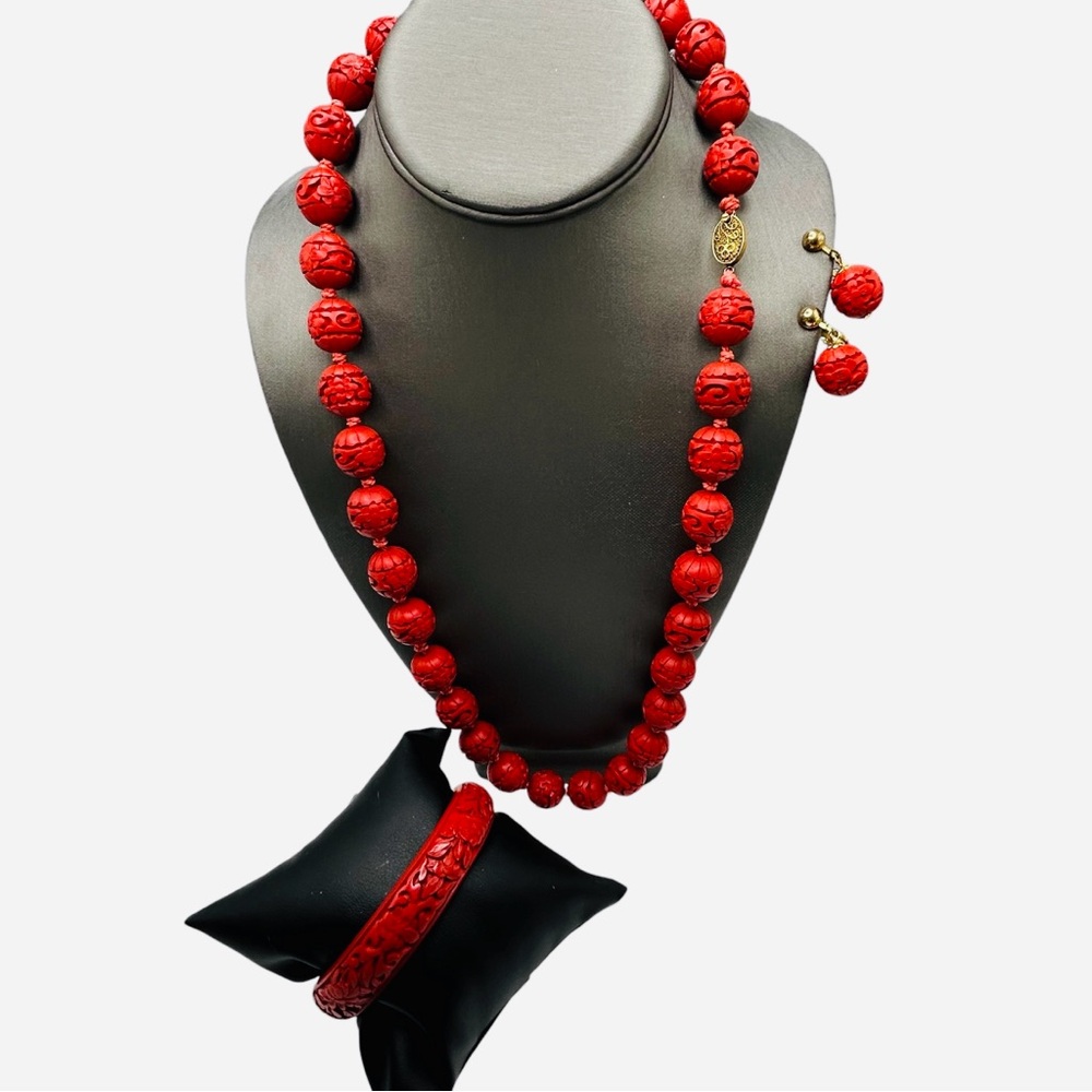 Vintage Chinese Export Genuine Cinnabar Bead Necklace Bracelet Earrings …